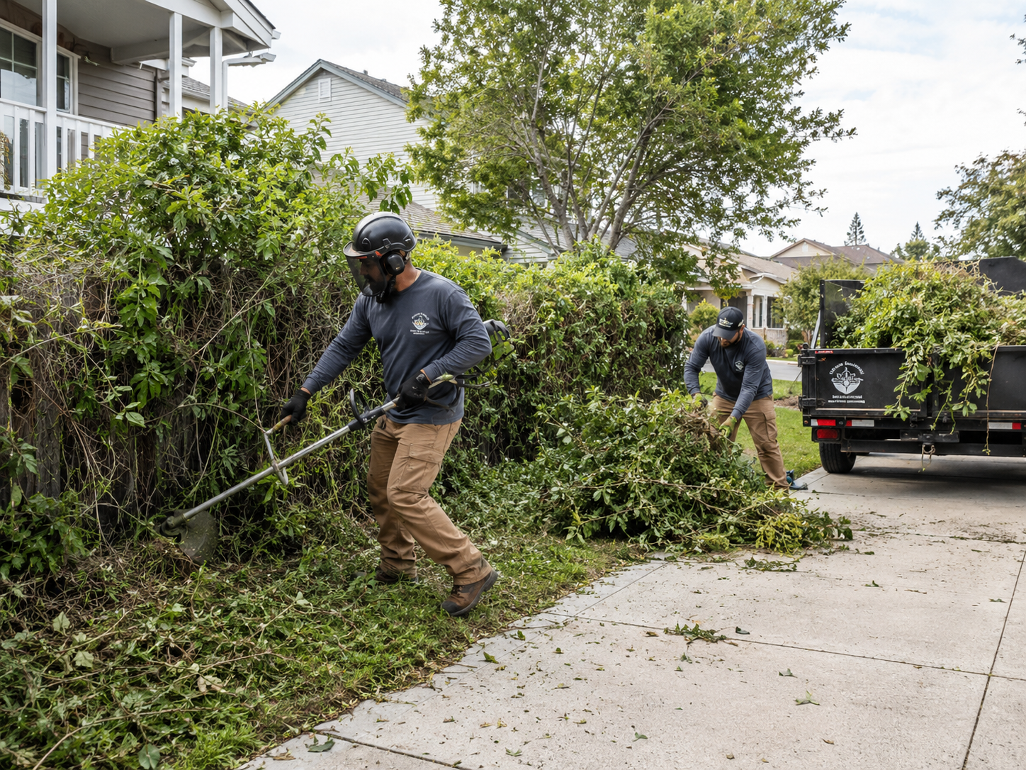 Crew clearing dense brush from overgrown Coweta backyard before fence installation project