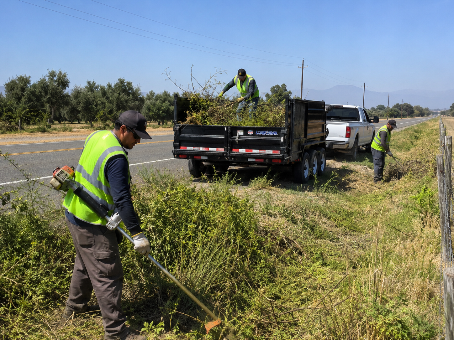 Crew clearing brush around overgrown Wagoner property line before mowing and fence repairs