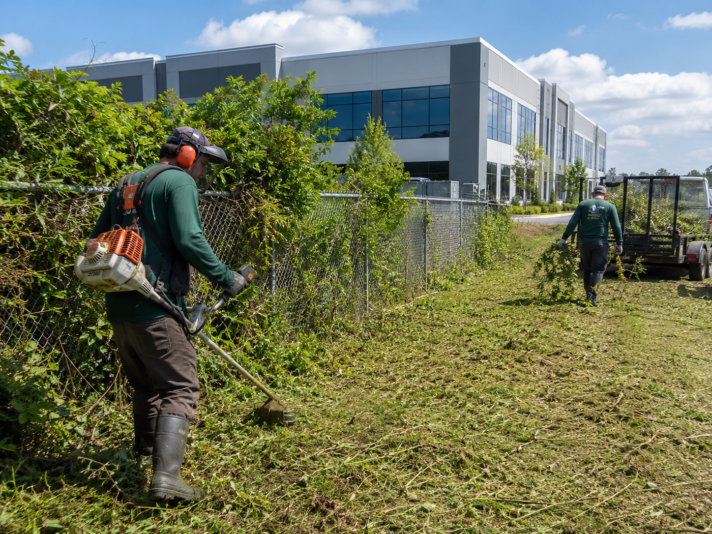 Experienced crew evaluating overgrown lot conditions before targeted brush clearing begins