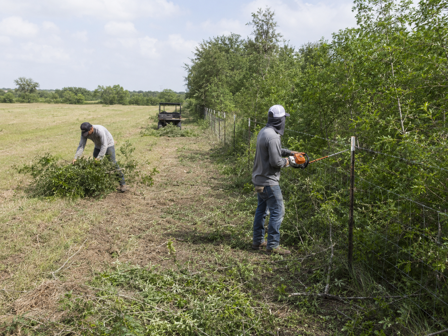 Skilled worker assessing dense brush and hidden obstacles on overgrown residential lot