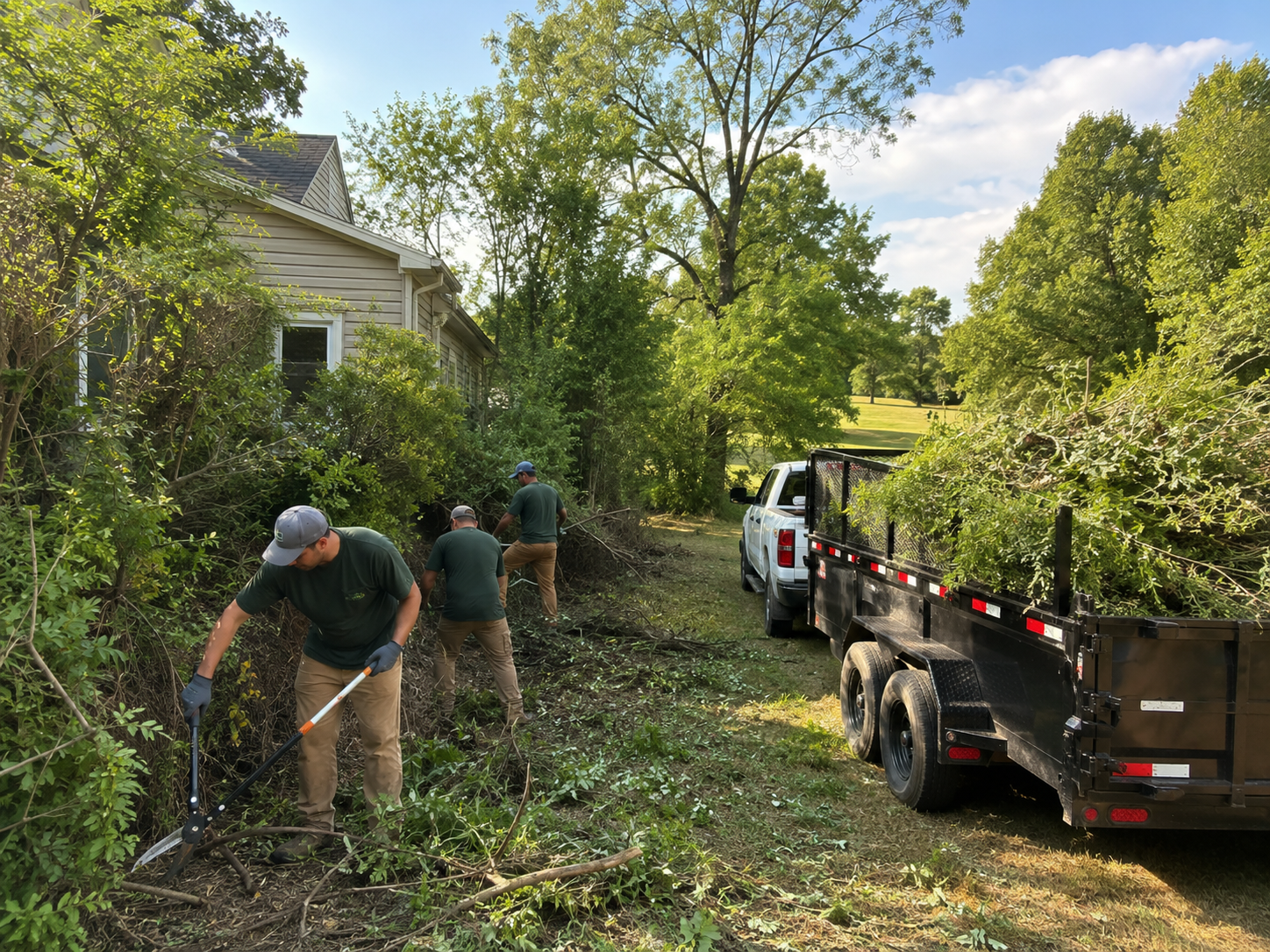 Skilled operator clearing heavy brush from overgrown lot with controlled precision