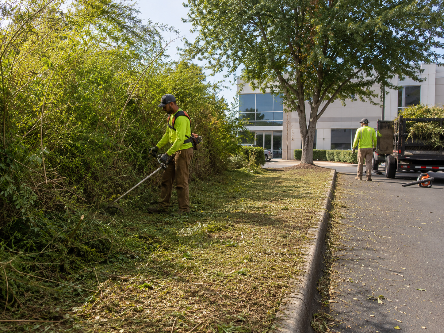 Skilled operator removing thick brush from narrow fence line with controlled precision