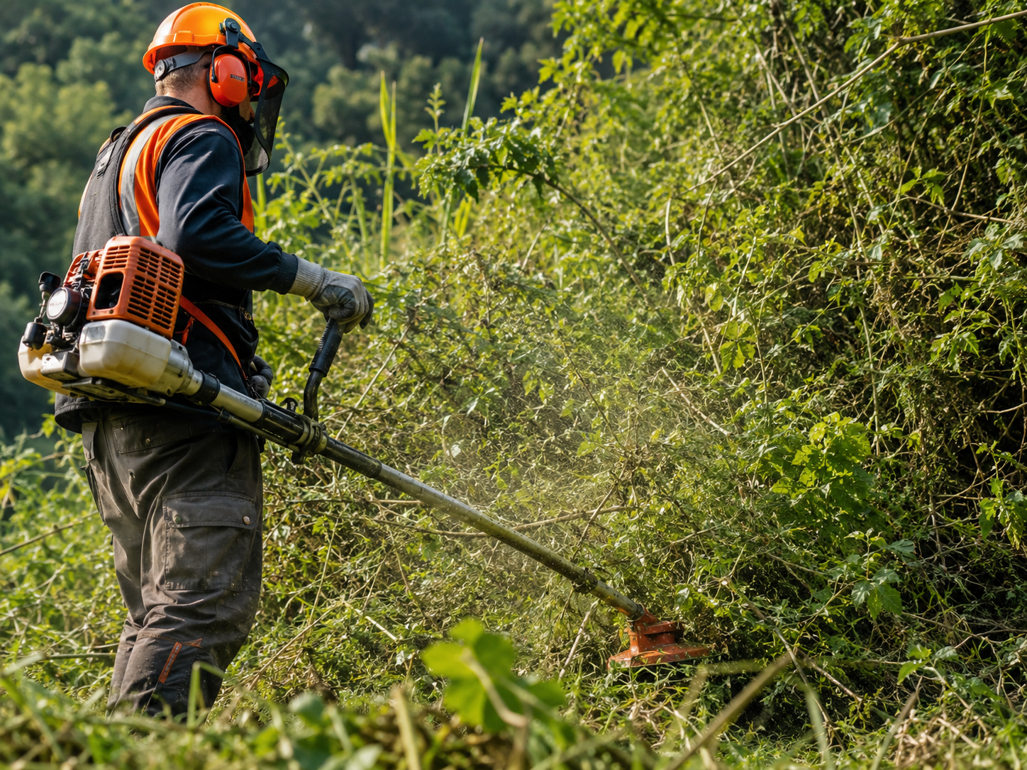 Crew clearing thick brush around backyard fence line before exterior property maintenance