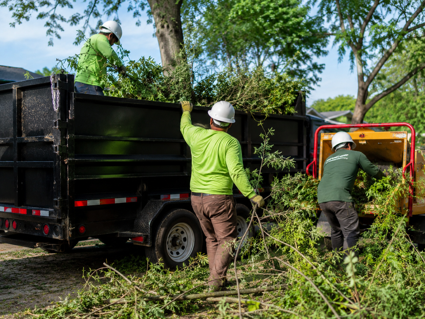 Experienced worker cutting back dense vegetation along narrow property access route