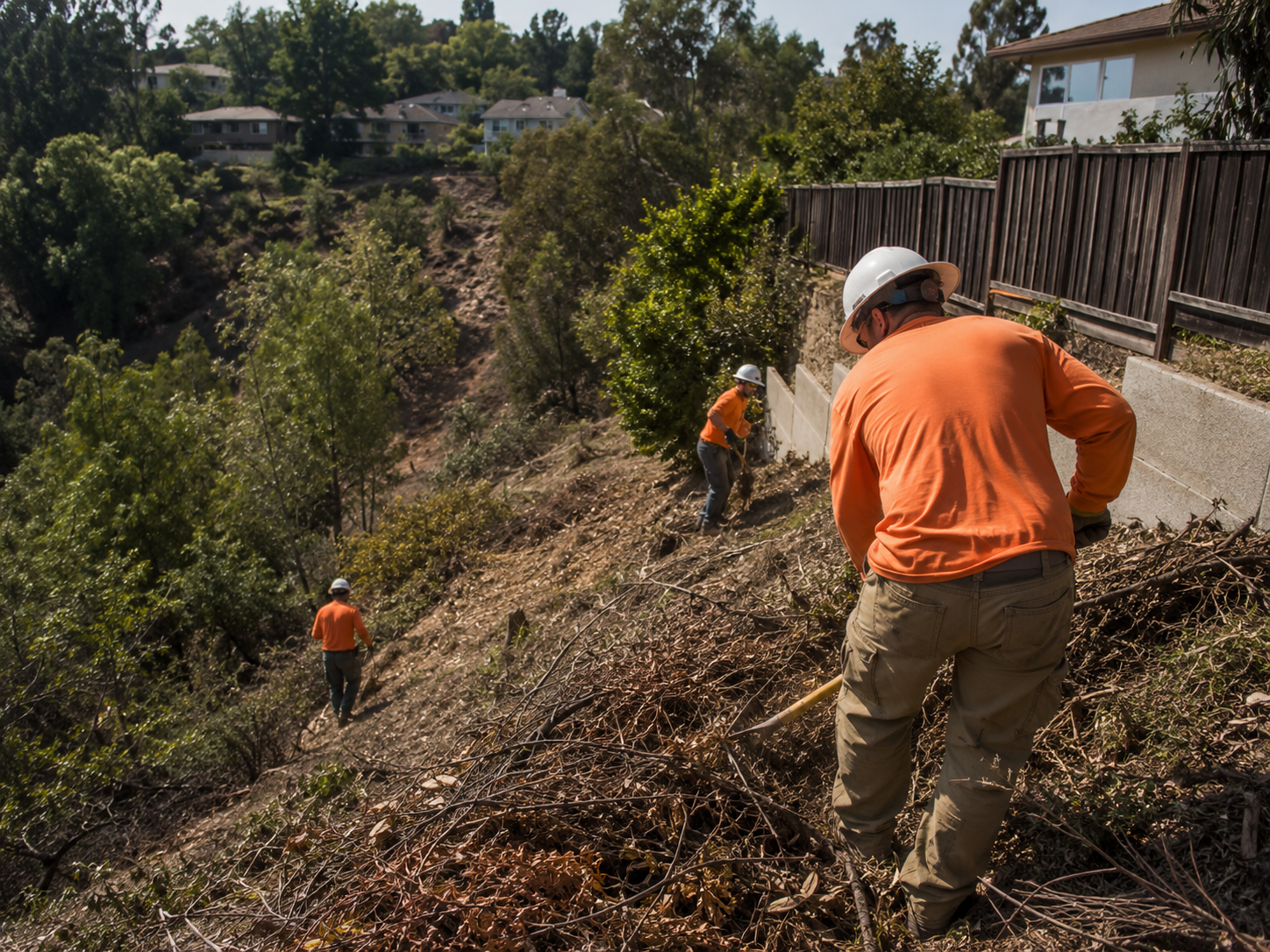 Worker removing thick brush around backyard shed and fence line on residential lot