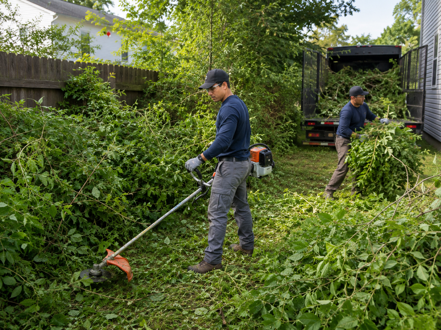 Crew removing dense brush along backyard fence line beside Tulsa home