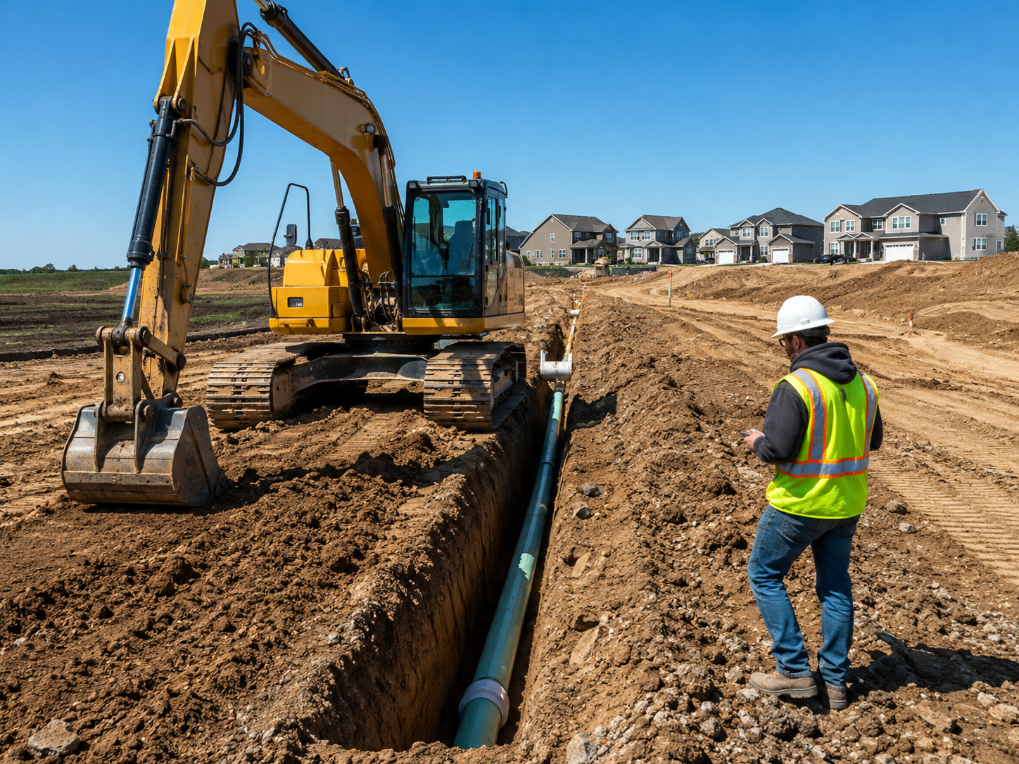 Operator performing excavation and grading on a Wagoner - OK homesite to improve drainage and access