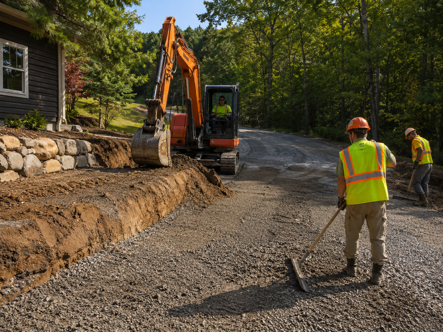Crew grading residential lot for drainage improvement before driveway and patio installation