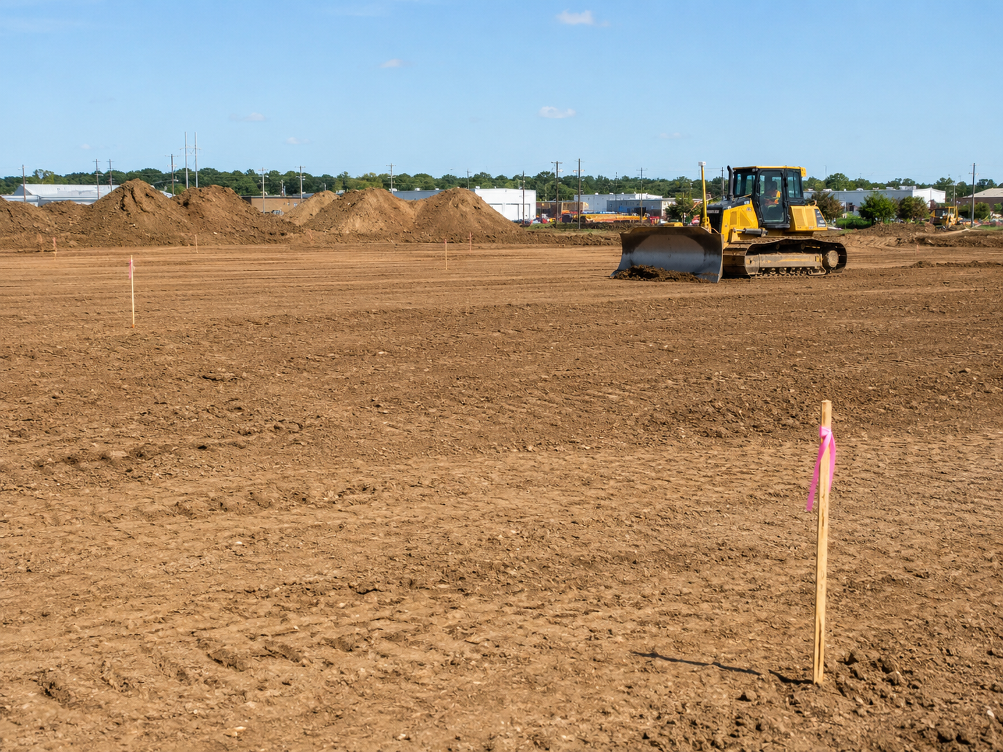 Operator shaping precise building pad with grading equipment on uneven construction site