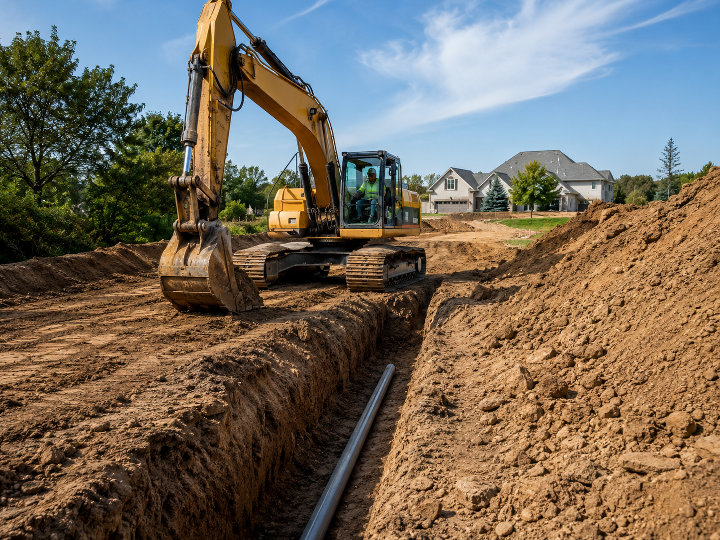 Excavation crew leveling sloped backyard for detached shop pad and drainage correction
