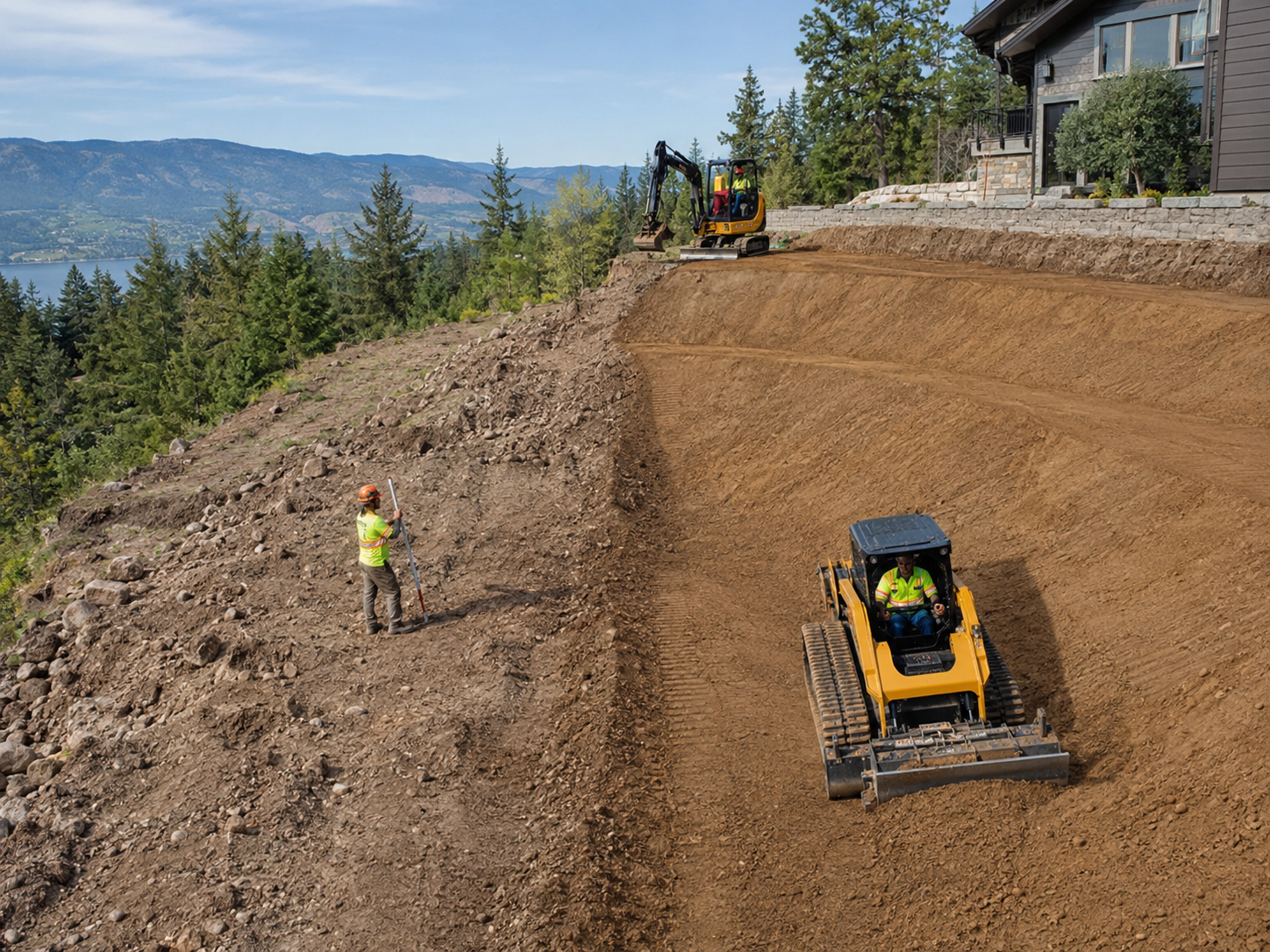 Equipment operator fine-grading building area to exact elevation before foundation work