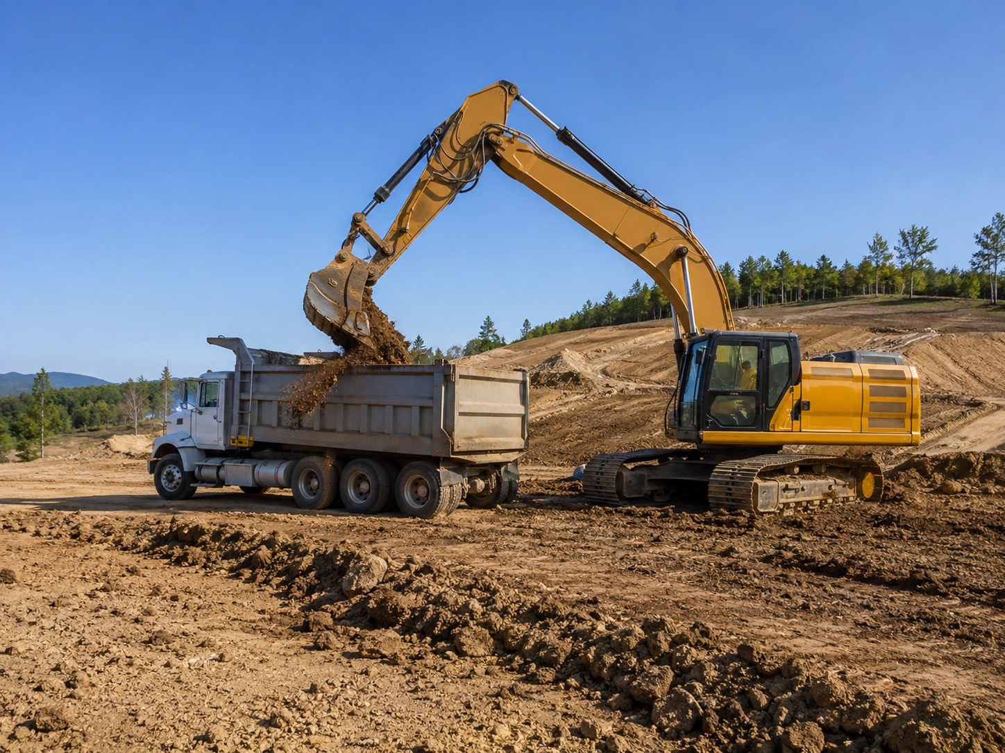 Crew grading uneven residential lot before driveway base and shop pad installation