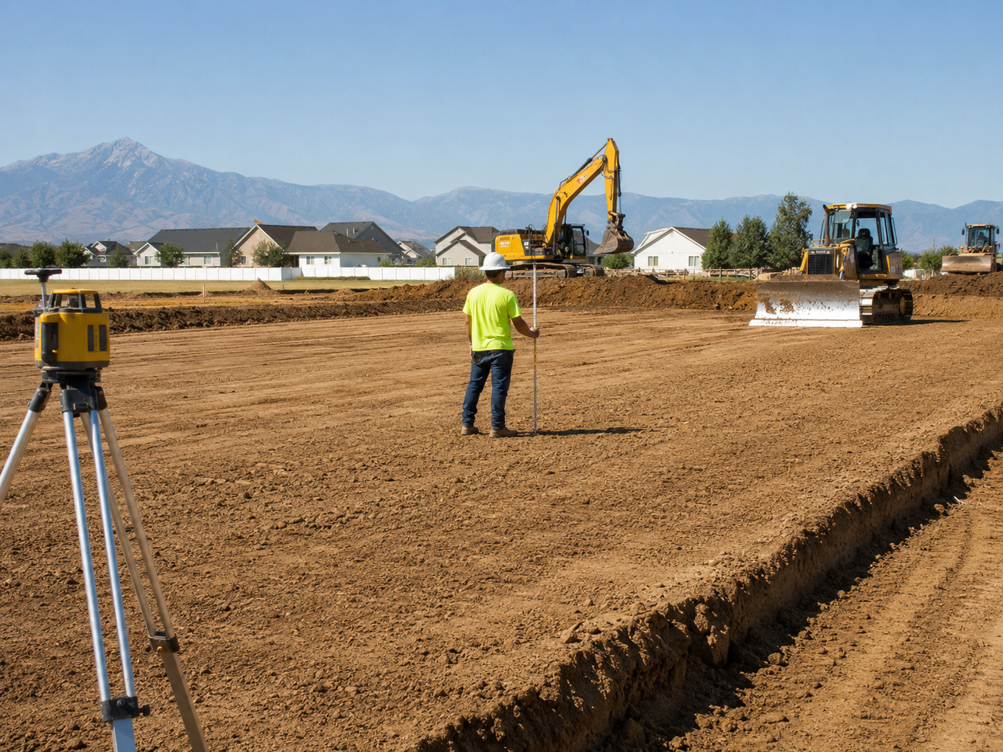 Excavation crew shaping residential building pad before driveway and drainage installation